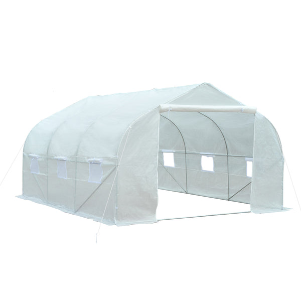 Serre Tunnel de Jardin 13,31 m² dim. 4,5L x 3l x 2H m Porte + 6 fenêtres enroulables Acier galvanisé bâche PE Haute densité Blanc
