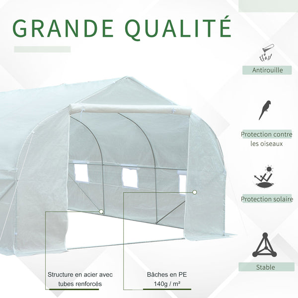 Serre Tunnel de Jardin 13,31 m² dim. 4,5L x 3l x 2H m Porte + 6 fenêtres enroulables Acier galvanisé bâche PE Haute densité Blanc