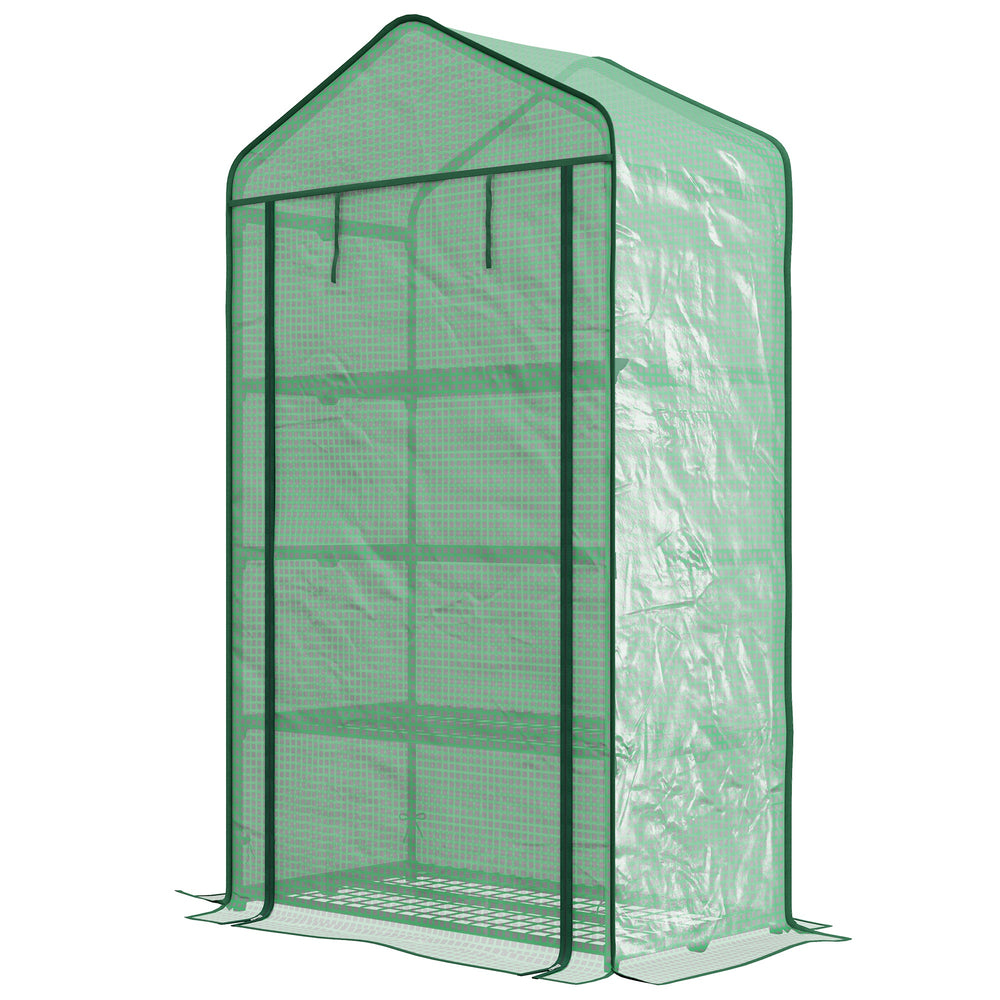 Serre de jardin PE avec étagères 4 niveaux, serre de balcon, bâche renforcée 135 g/m², châssis en acier, porte zippée enroulable, pour légumes plantes fleurs, 90 x 49 x 160 cm, vert