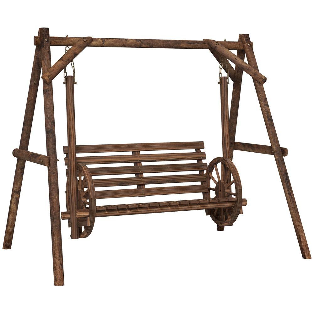 Balancelle de jardin 2 places en bois avec accoudoirs Roues Charrette pour le jardin - dim. 200L x 137l x 167H cm