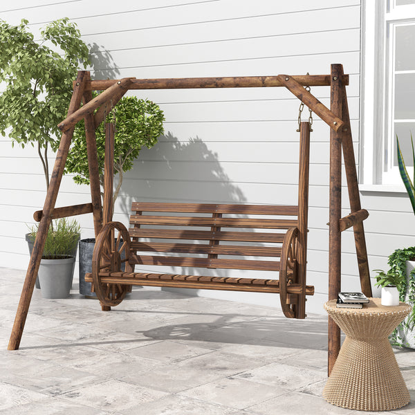 Balancelle de jardin 2 places en bois avec accoudoirs Roues Charrette pour le jardin - dim. 200L x 137l x 167H cm