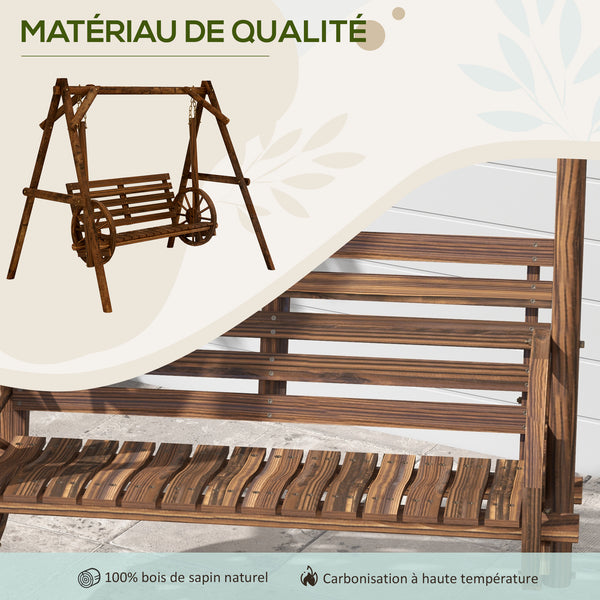 Balancelle de jardin 2 places en bois avec accoudoirs Roues Charrette pour le jardin - dim. 200L x 137l x 167H cm