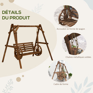 Balancelle de jardin 2 places en bois avec accoudoirs Roues Charrette pour le jardin - dim. 200L x 137l x 167H cm