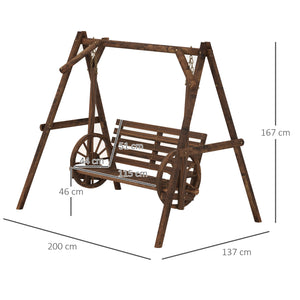 Balancelle de jardin 2 places en bois avec accoudoirs Roues Charrette pour le jardin - dim. 200L x 137l x 167H cm