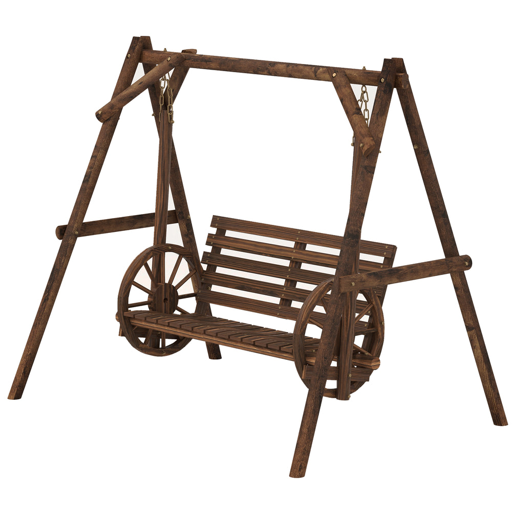 Balancelle de jardin 2 places en bois avec accoudoirs Roues Charrette pour le jardin - dim. 200L x 137l x 167H cm