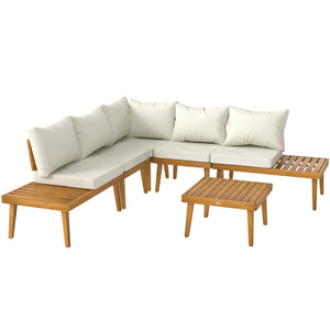 Salon de jardin extérieur d'angle 5 places modulable en bois d'acacia avec canapés et table basse, plateau à lattes et coussins inclus, mobilier de jardin terrasse véranda, crème