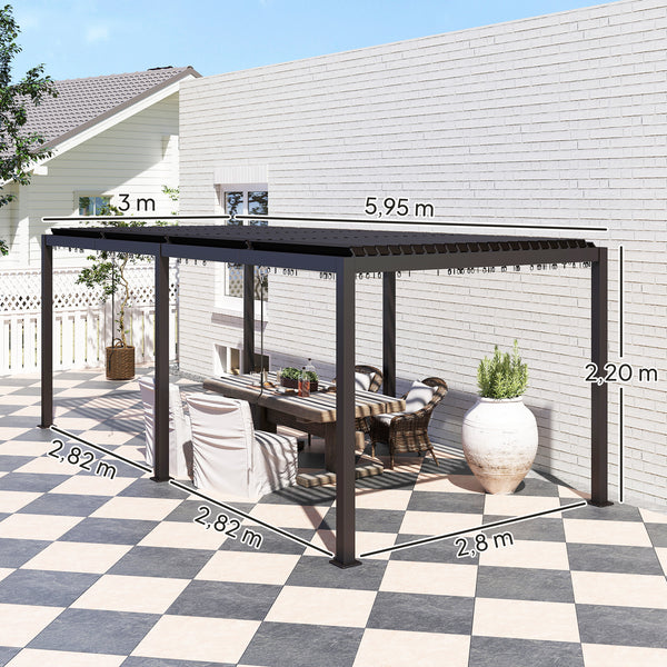 Pergola bioclimatique 3 x 6 m, pergola jardin extérieur avec persiennes manivelle toit réglable en aluminium et crochets, tonnelle de jardin, terrasse, patio, gris foncé