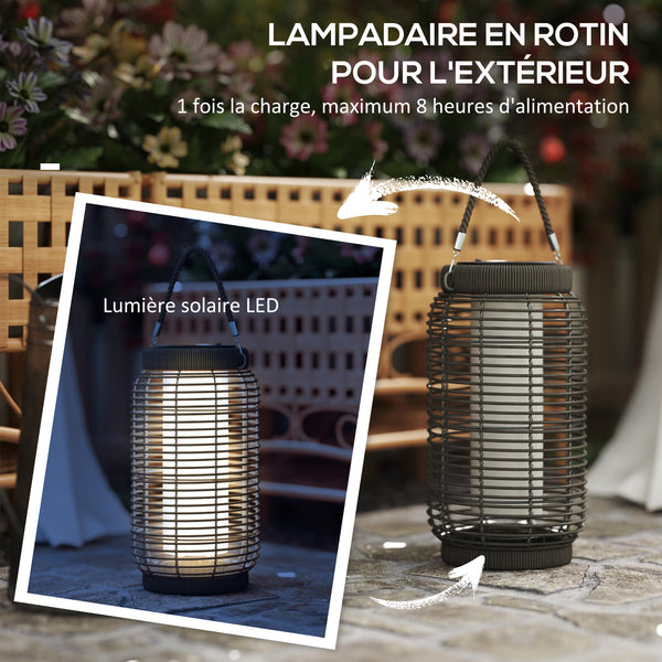 Lampadaire d'extérieur solaire lampe de jardin sur pied en résine tressée luminaire LED de jardin en acier marche/arrêt automatique Ø18 x 37 cm gris