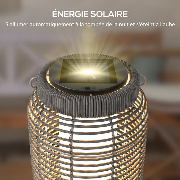 Lampadaire d'extérieur solaire lampe de jardin sur pied en résine tressée luminaire LED de jardin en acier marche/arrêt automatique Ø18 x 37 cm gris
