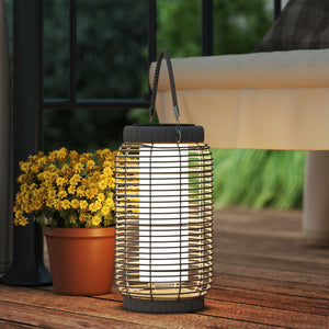 Lampadaire d'extérieur solaire lampe de jardin sur pied en résine tressée luminaire LED de jardin en acier marche/arrêt automatique Ø18 x 37 cm gris