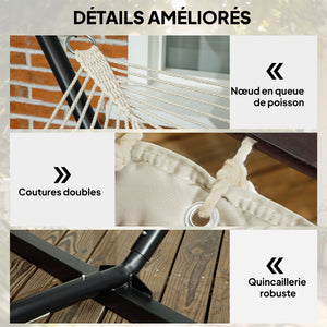 Hamac sur pied avec oreiller, hamac avec support acier, avec barres d'écartement, pour camping en plein air, plage, crème