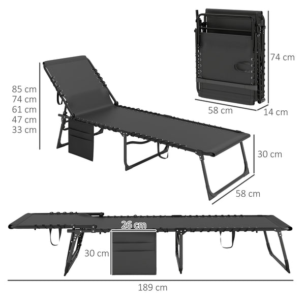 Bain de soleil, chaise longue pliante avec coussin, appuie-tête, poche latérale, textilène, transat jardin extérieur inclinable de plage camping piscine terrasse 58 x 189 x 32,5 cm noir