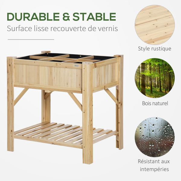Jardinière sur Pieds - carré Potager avec étagère - dim. 78L x 58l x 81H cm - 6 Compartiments - Feutre Drainage Inclus - Bois Sapin pré-huilé