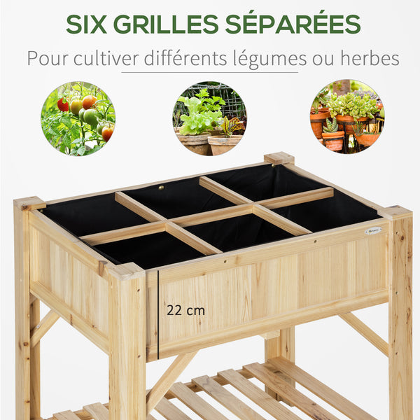 Jardinière sur Pieds - carré Potager avec étagère - dim. 78L x 58l x 81H cm - 6 Compartiments - Feutre Drainage Inclus - Bois Sapin pré-huilé