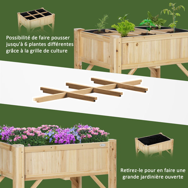 Jardinière sur Pieds - carré Potager avec étagère - dim. 78L x 58l x 81H cm - 6 Compartiments - Feutre Drainage Inclus - Bois Sapin pré-huilé