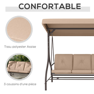 Balancelle de jardin convertible 3 places grand confort avec coussins toit réglable dim. 197L x 120l x 180H cm métal polyester kaki