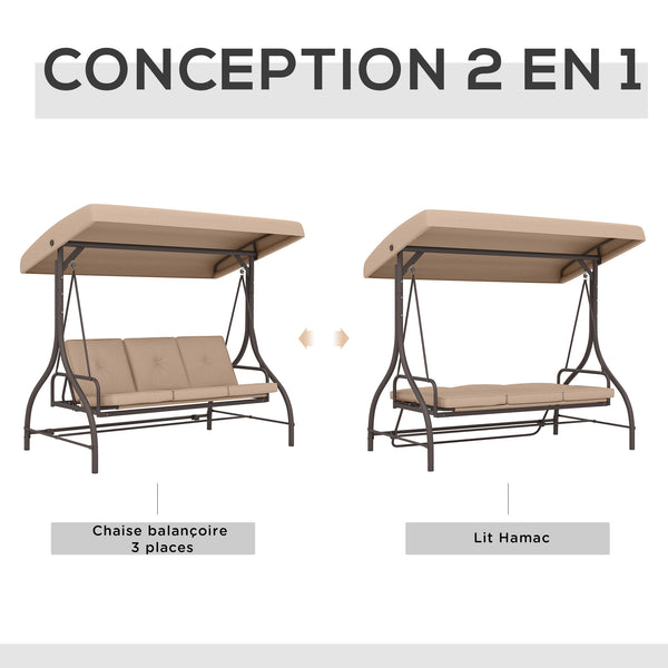Balancelle de jardin convertible 3 places grand confort avec coussins toit réglable dim. 197L x 120l x 180H cm métal polyester kaki