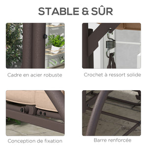 Balancelle de jardin convertible 3 places grand confort avec coussins toit réglable dim. 197L x 120l x 180H cm métal polyester kaki
