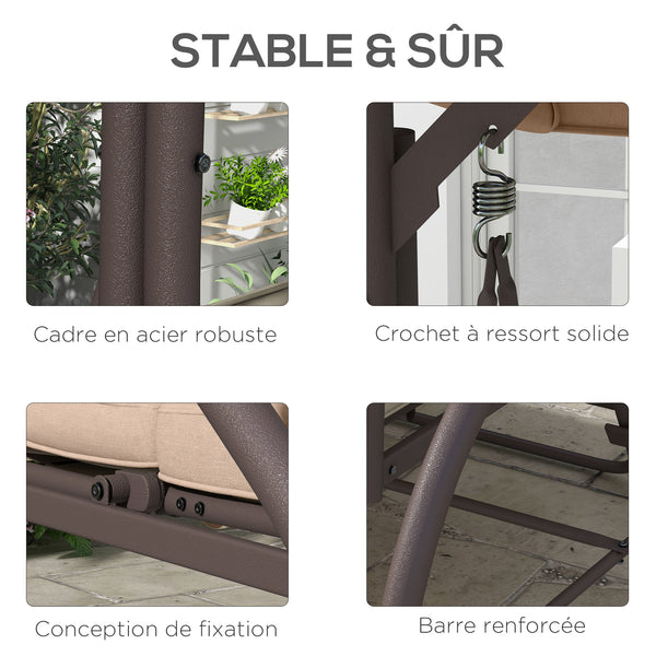 Balancelle de jardin convertible 3 places grand confort avec coussins toit réglable dim. 197L x 120l x 180H cm métal polyester kaki
