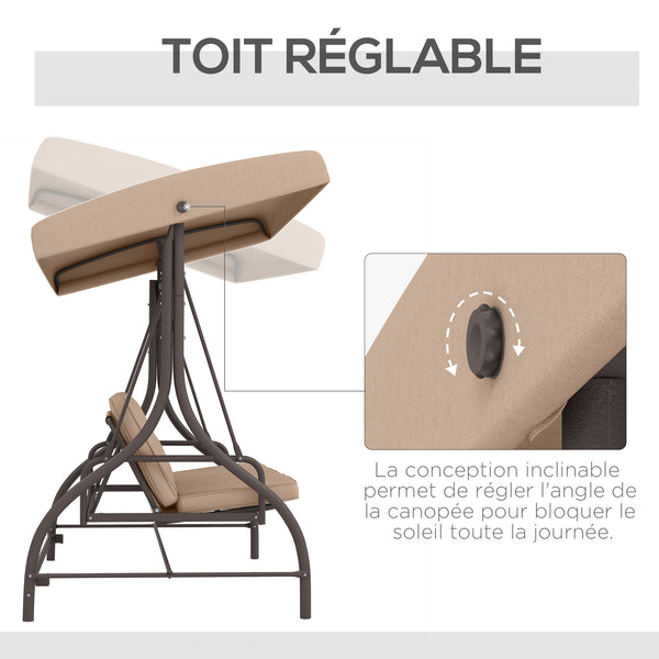 Balancelle de jardin convertible 3 places grand confort avec coussins toit réglable dim. 197L x 120l x 180H cm métal polyester kaki