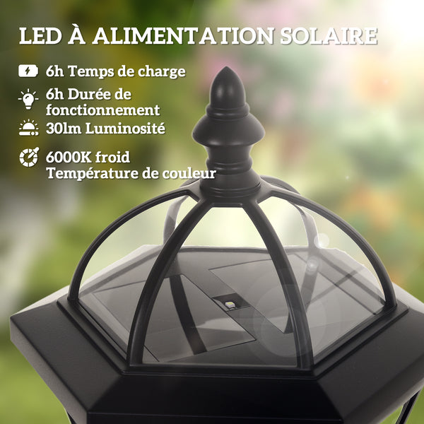 2 lampadaires sur pied solaires d'extérieur jardin avec 2 lampes LED blanc 6000K - IP44 - Ø18,5 x 129H cm noir