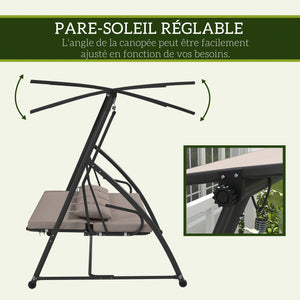 Balancelle de jardin 3 places, balancelle jardin extérieure convertible, toit inclinaison réglable, coussin assise et dossier, 4 oreillers, grand confort, 218 x 120 x 168 cm, marron clair