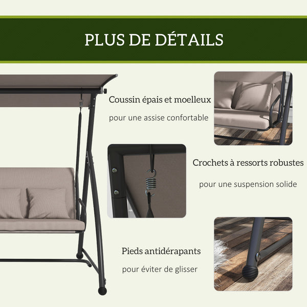 Balancelle de jardin 3 places, balancelle jardin extérieure convertible, toit inclinaison réglable, coussin assise et dossier, 4 oreillers, grand confort, 218 x 120 x 168 cm, marron clair