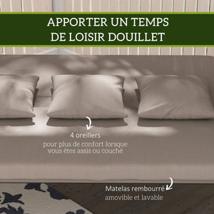 Balancelle de jardin 3 places, balancelle jardin extérieure convertible, toit inclinaison réglable, coussin assise et dossier, 4 oreillers, grand confort, 218 x 120 x 168 cm, marron clair