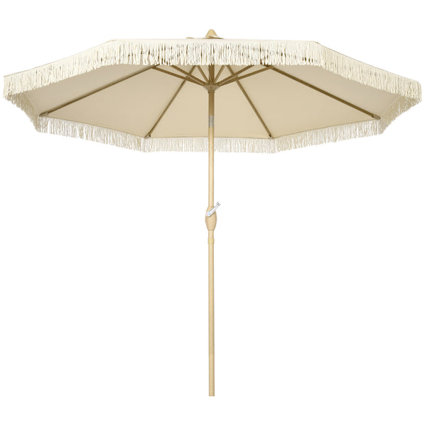 Parasol droit de jardin inclinable parasol avec manivelle à franges mât en métal style bohème 8 baleines Ø 265 x 244 cm crème