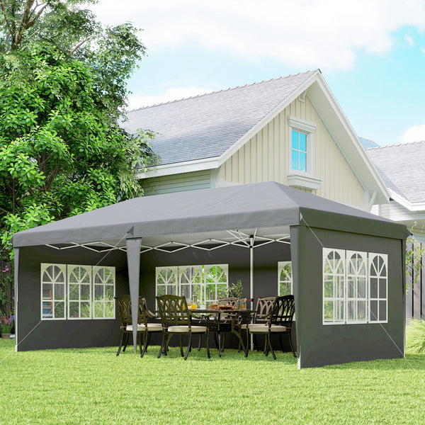 Tonnelle de jardin extérieure pop-up pliante - tente de réception - 3 x 6 m - pavillon chapiteau barnum - 3 cotés démontables - piquets d'ancrage au sol + sac de transport inclus gris