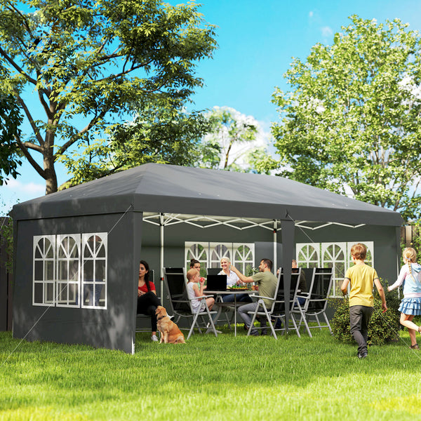 Tonnelle de jardin extérieure pop-up pliante - tente de réception - 3 x 6 m - pavillon chapiteau barnum - 3 cotés démontables - piquets d'ancrage au sol + sac de transport inclus gris