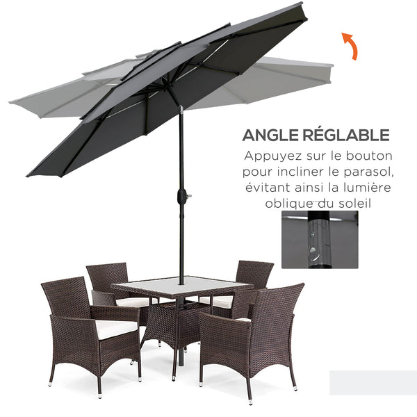Parasol de jardin extérieur parasol inclinable rond Ø 2,85 x 2,5 m avec ouverture fermeture manivelle, 2 évents, toile 180 g/m² protection Anti-UV, parasol pour balcon, terrasse, gris