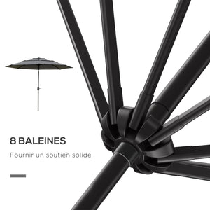 Parasol de jardin extérieur parasol inclinable rond Ø 2,85 x 2,5 m avec ouverture fermeture manivelle, 2 évents, toile 180 g/m² protection Anti-UV, parasol pour balcon, terrasse, gris