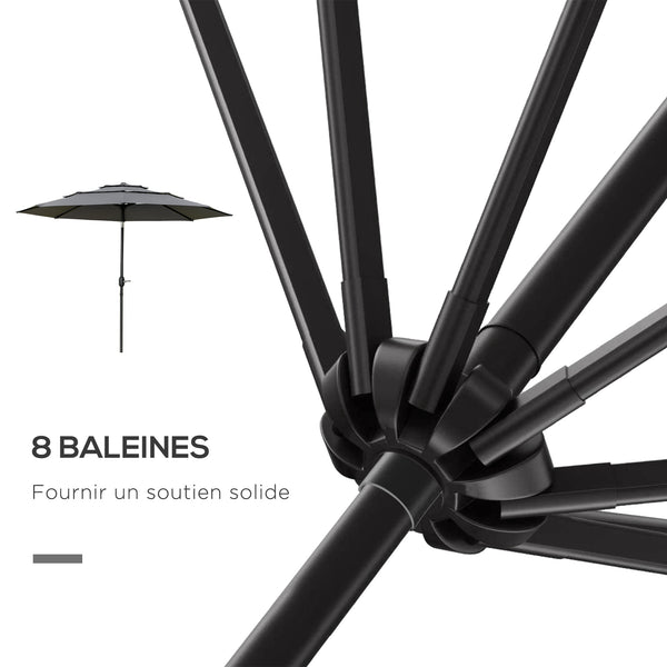 Parasol de jardin extérieur parasol inclinable rond Ø 2,85 x 2,5 m avec ouverture fermeture manivelle, 2 évents, toile 180 g/m² protection Anti-UV, parasol pour balcon, terrasse, gris