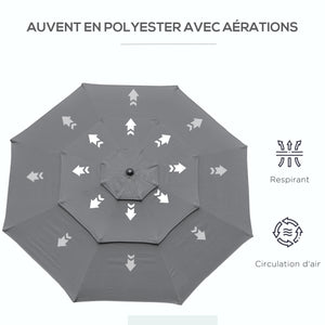 Parasol de jardin extérieur parasol inclinable rond Ø 2,85 x 2,5 m avec ouverture fermeture manivelle, 2 évents, toile 180 g/m² protection Anti-UV, parasol pour balcon, terrasse, gris