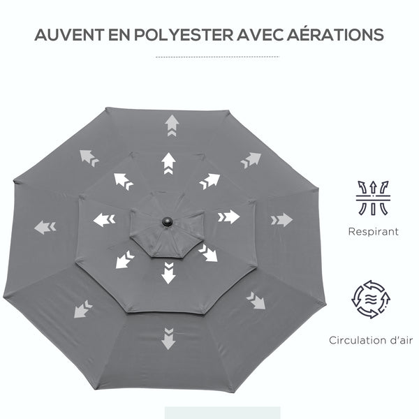 Parasol de jardin extérieur parasol inclinable rond Ø 2,85 x 2,5 m avec ouverture fermeture manivelle, 2 évents, toile 180 g/m² protection Anti-UV, parasol pour balcon, terrasse, gris