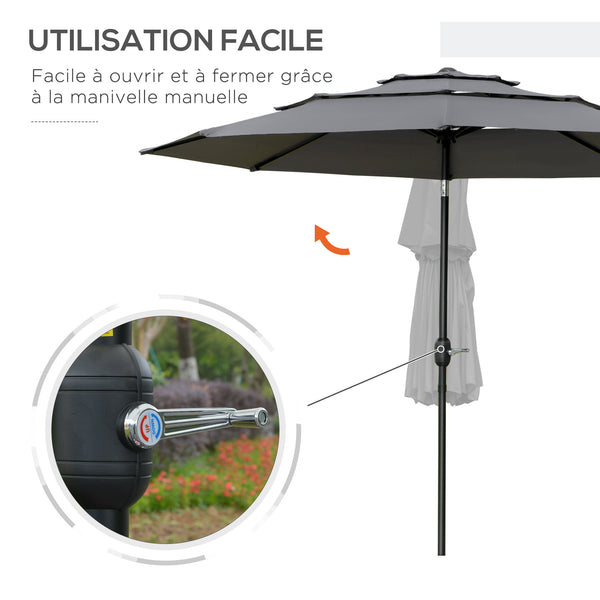 Parasol de jardin extérieur parasol inclinable rond Ø 2,85 x 2,5 m avec ouverture fermeture manivelle, 2 évents, toile 180 g/m² protection Anti-UV, parasol pour balcon, terrasse, gris
