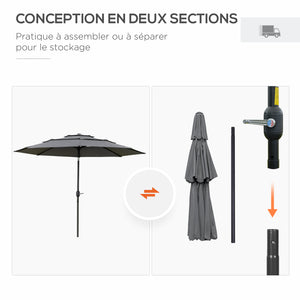 Parasol de jardin extérieur parasol inclinable rond Ø 2,85 x 2,5 m avec ouverture fermeture manivelle, 2 évents, toile 180 g/m² protection Anti-UV, parasol pour balcon, terrasse, gris