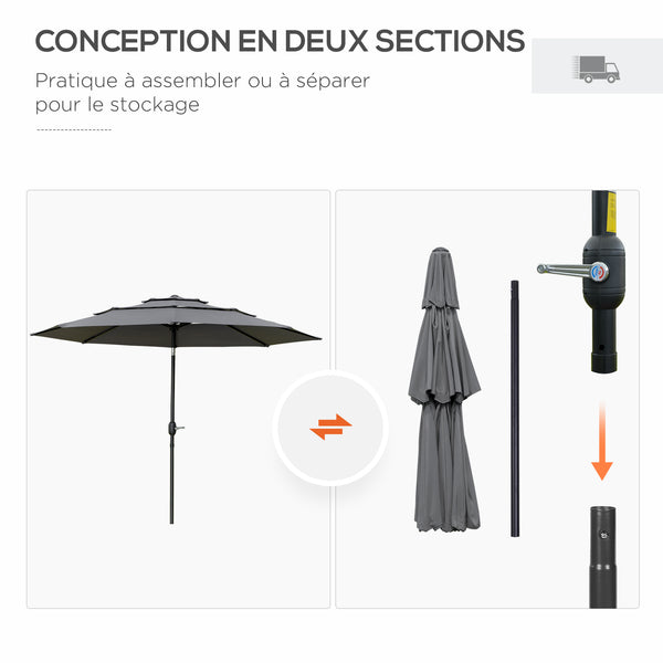 Parasol de jardin extérieur parasol inclinable rond Ø 2,85 x 2,5 m avec ouverture fermeture manivelle, 2 évents, toile 180 g/m² protection Anti-UV, parasol pour balcon, terrasse, gris