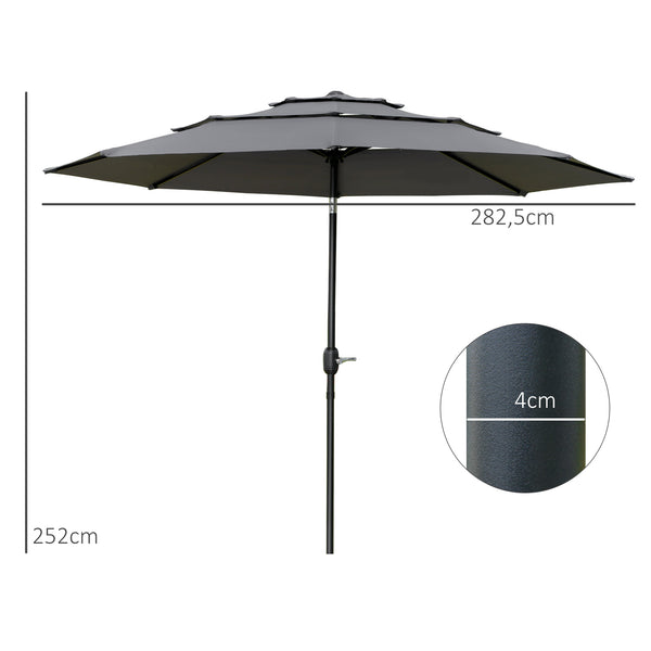 Parasol de jardin extérieur parasol inclinable rond Ø 2,85 x 2,5 m avec ouverture fermeture manivelle, 2 évents, toile 180 g/m² protection Anti-UV, parasol pour balcon, terrasse, gris