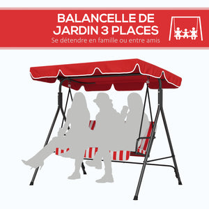 Balancelle de Jardin 3 Places Toit Inclinaison réglable Coussins Assise et Dossier 1,72L x 1,1l x 1,53H m Acier Noir Polyester Rouge