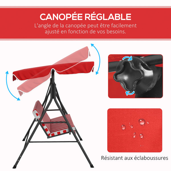 Balancelle de Jardin 3 Places Toit Inclinaison réglable Coussins Assise et Dossier 1,72L x 1,1l x 1,53H m Acier Noir Polyester Rouge