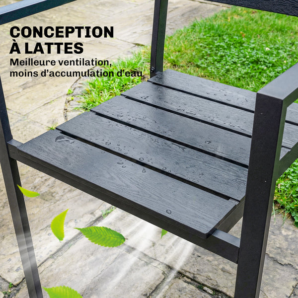 - Ensemble de 4 chaises de jardin empilables, avec assise et dossier en HDPE à lattes, accoudoirs et structure en métal, pour terrasse ou balcon, noir