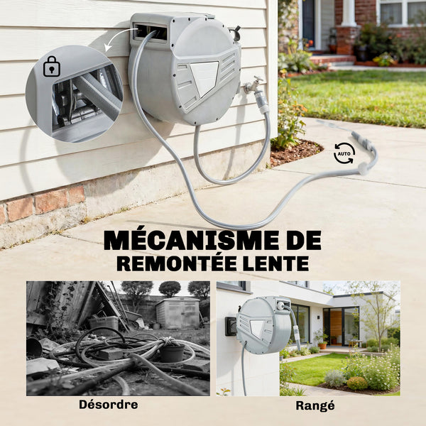 Enrouleur Tuyau Arrosage Mural 30+2 m Pivotant à 180°, Dévidoir de Tuyaux d'Eau, Buse 2 Modes, Rembobinage Auto et Progressif avec Verrou, Adaptateurs, pour Jardin, Lavage de Voiture, Gris