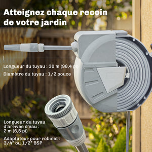 Enrouleur Tuyau Arrosage Mural 30+2 m Pivotant à 180°, Dévidoir de Tuyaux d'Eau, Buse 2 Modes, Rembobinage Auto et Progressif avec Verrou, Adaptateurs, pour Jardin, Lavage de Voiture, Gris
