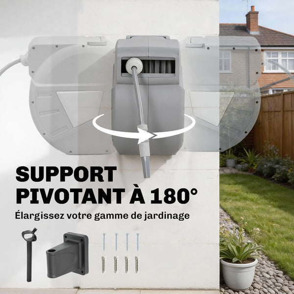 Enrouleur Tuyau Arrosage Mural 30+2 m Pivotant à 180°, Dévidoir de Tuyaux d'Eau, Buse 2 Modes, Rembobinage Auto et Progressif avec Verrou, Adaptateurs, pour Jardin, Lavage de Voiture, Gris