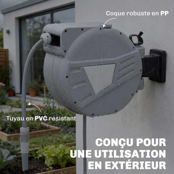 Enrouleur Tuyau Arrosage Mural 30+2 m Pivotant à 180°, Dévidoir de Tuyaux d'Eau, Buse 2 Modes, Rembobinage Auto et Progressif avec Verrou, Adaptateurs, pour Jardin, Lavage de Voiture, Gris