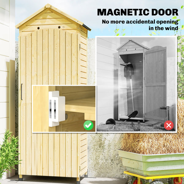 Armoire de Jardin en Bois - Abri de Jardin 213cm de Haut avec Toit en Métal Galvanisé - Remise à Outils à Long Manche, Texture Gaufrée et Étagères Réglables pour Terrasse, Bois Naturel