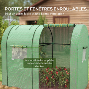 Serre de jardin 1,8 m² serre à tomates dim. 1,85L x 0,9l x 1,5H m 2 portes zippées déroulantes 4 fenêtres enroulables acier PE haute densité 135 g/m² anti-UV vert