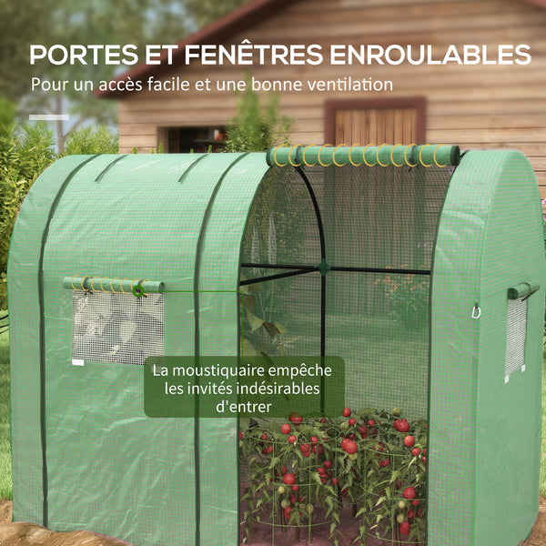 Serre de jardin 1,8 m² serre à tomates dim. 1,85L x 0,9l x 1,5H m 2 portes zippées déroulantes 4 fenêtres enroulables acier PE haute densité 135 g/m² anti-UV vert